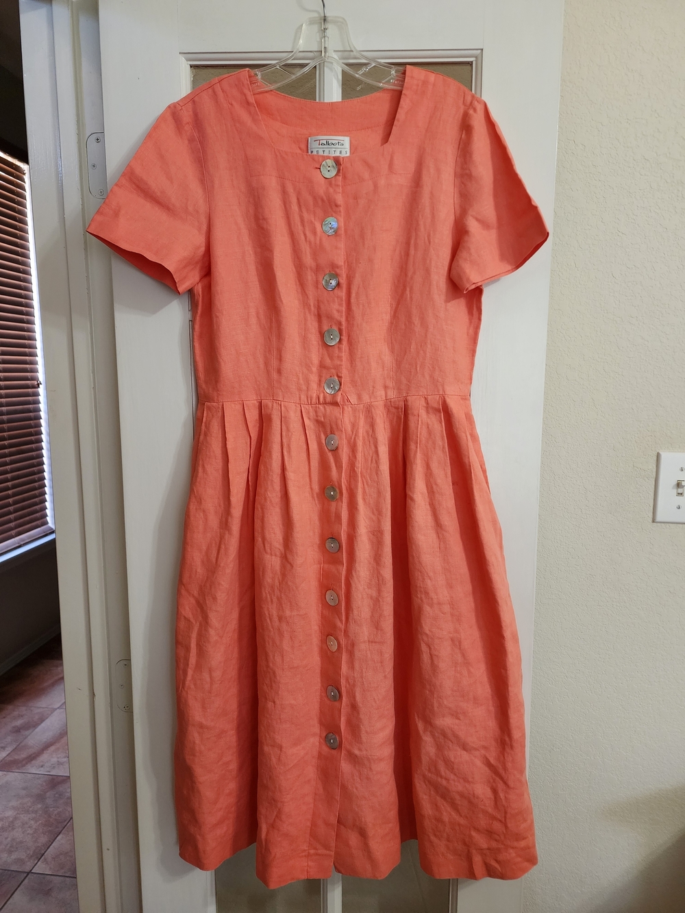 Talbots Petites 8 Coral 100% Linen Button Front Midi Dress Pockets